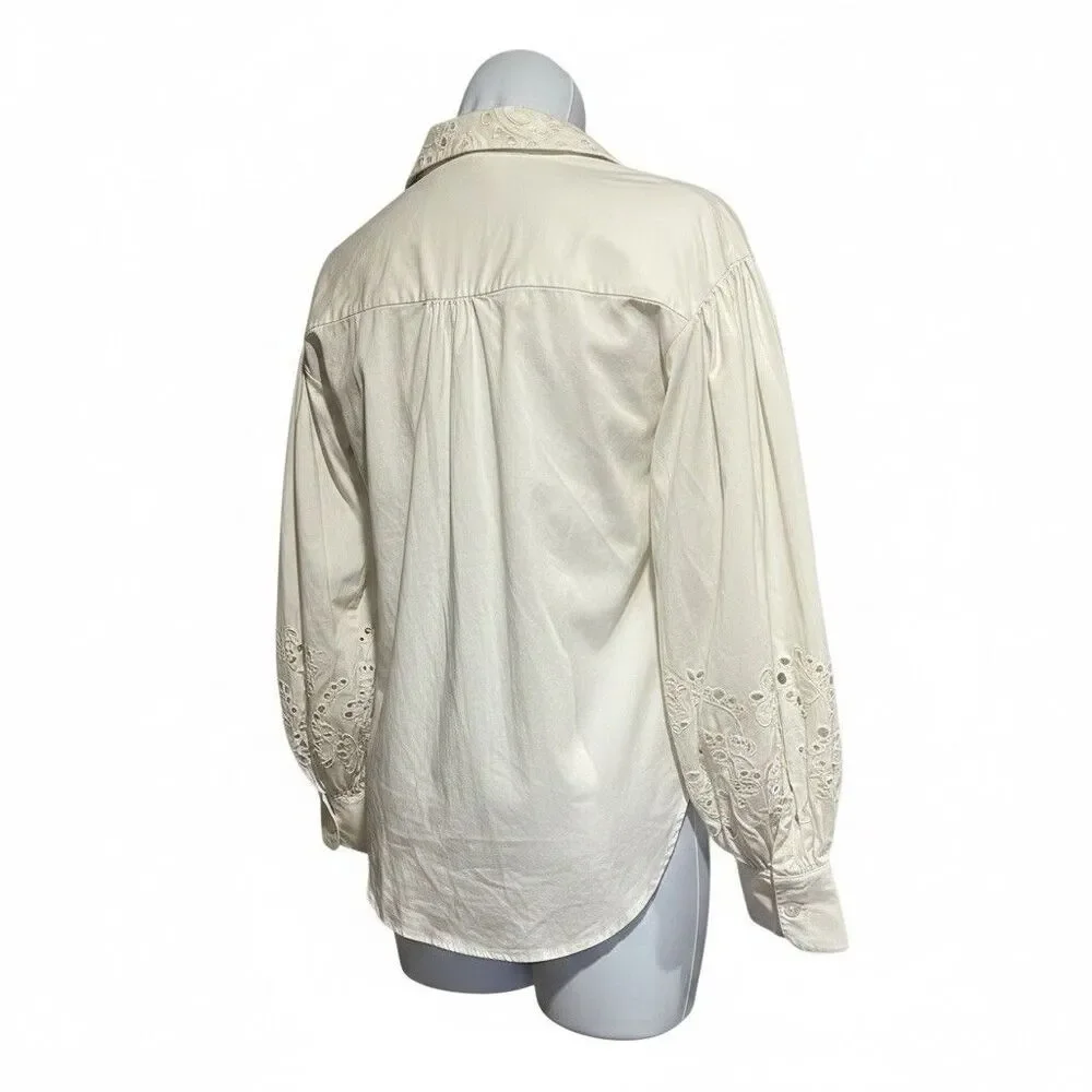 Kate Spade New York Poplin Cutwork Shirt White Button Down Eyelet Sleeve Size 8